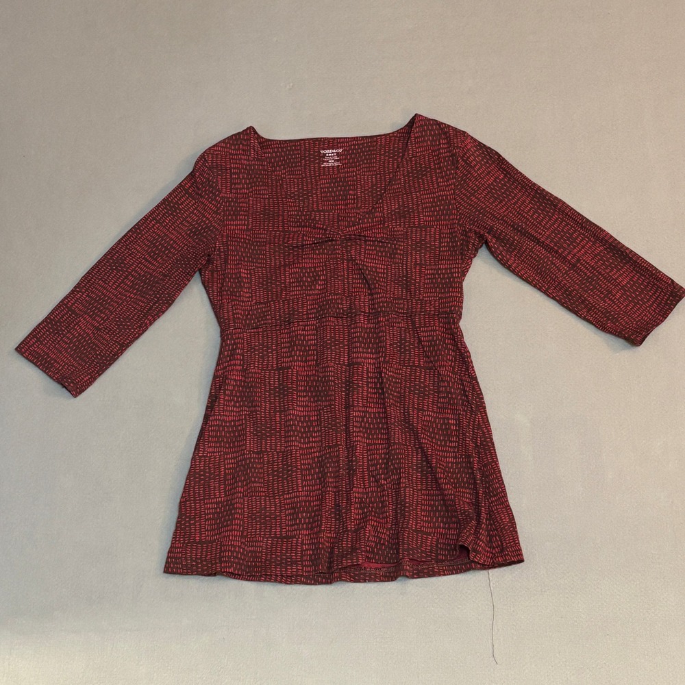 Toad&Co Womens Small Burgundy Black Dash Print Empire Waist 3/4 Sleeve Tunic Top